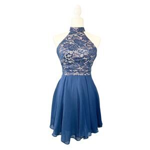 Be Smart Juniors Semi-Formal Navy Lace Halter Skater Dress Size 3